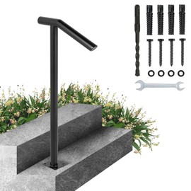 Happybuy Single Post 1-2, Black Steel Railing 330LBS Capacity Baking Varnish Metal Stairs Stylish Handrails for Outdoor Steps with Expansion Bolts & Drill Bit, Matte