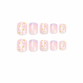 French Tip Press on Nails Short Square Fake Nails Flowers Acrylic Nails Floral False Nails Press ons Glossy Stick on Nails Cute Artificial Nails for Women Girls Nails Decoration Manicure 24Pcs