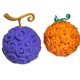 Devil Fruit Inspired Collectible Figure for Desk Decor - Gum-Gum Fruit Purple with Golden Stem & Flame-Flame Fruit Orange with Green Stem - Devil Fruit: Gum Gum Fruit