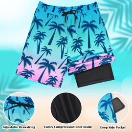 OlyPegic Boys Swim Trunks Size 10-12, Boy Swim Shorts Boy Swimsuit Kids Beach Swimsuit Toddler Bathing Suit with Boxer Brief Liner Compression Anti Chafe Athletic Running Swim Trunks (Coconut Tree)