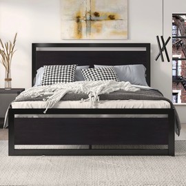 SHA CERLIN Full Size Bed Frame with Modern Headboard, Heavy Duty Platform Metal Base with Square Footboard and 13 Strong Slats Support, No Box Spring Needed, Black