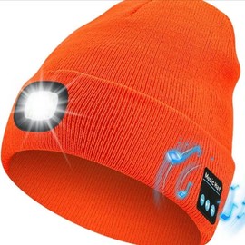 Bluetooth Beanie with LED Headlight and Removable Speakers, USB Rechargeable Knit warm winter Hat balaclava Hat for Music and Calling, sport,outdoor,Unisex Christmas Birthday Gift - Color: Orange