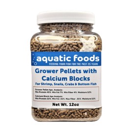 Aquatic Foods Inc. Calcium Blocks Included with Shrimp Grower 45% Protein Sinking Pellets, 1/16" x 3/8" Pellets for Shrimp, Snails, Crabs, Catfish, Plecos, All Tropical Fish, Zeigler..12oz Small Jar