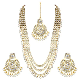 Aheli Indian Ethnic Wedding Faux Kundan Beaded Bridal Long Necklace Aretes con Maang Tikka Traditional Jewelry Set Gift para mujeres Elegante joyería de moda