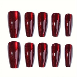 ANDGING Cat Eye Red Press on Nails Square Medium Long Glue on Nails with Bling Designs Full Cover Pressons Fake Nails Gel Manicure Glitter False Nails for Wedding Acrylic Stick on Nails for Women