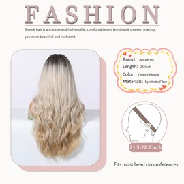 Aecaeceo Long Blonde Wig with Bangs Long Wavy Wigs for White Women 26 Inches Ombre Blonde Wig with Dark Roots Synthetic Wig Cosplay Wigs Womens Hair Replacement Wigs for Holiday Daily Party Use