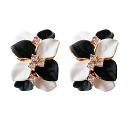 Navachi 18k Gold Plated White Crystal White Black Enamel Leaves Flower Az1141 Omega Back Earrings