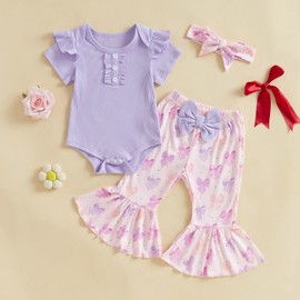 MAHUAOYIXI Toddler Baby Girl Summer Outfits Flying Sleeve O Neck Romper Bodysuit Jumpsuit with Floral/Bow Print Flare Pants and Headband 3Pcs Clothes for Little Girls (Purple, 0-3 Months)