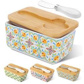 KZJZKJ Ceramic Butter Dish with Lid, Large Green Butter Keeper for 2 Sticks