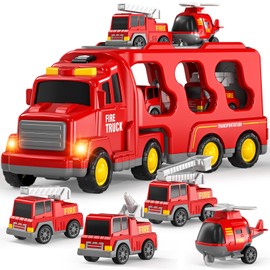 TEMI Fire Trucks Boy Toys for 3-5 Year Old Toddlers - Toys for 3 4 5 6 7 Years Old Transport Vehicle Carrier Truck, Boy Trucks Toy Sets, Kids Toys Boys 3-5, Gift Toys for Boys and Girls Aged 4-6