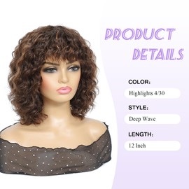 HUA Short Curly Human Hair Wig With Bangs for Black Women Glueless Deep Wave Bob 4/30 Highlight Wig Human Hair With Bangs 12 Inch Curly Bob Wigs Human Hair Glueless Wear And Go for Black Women