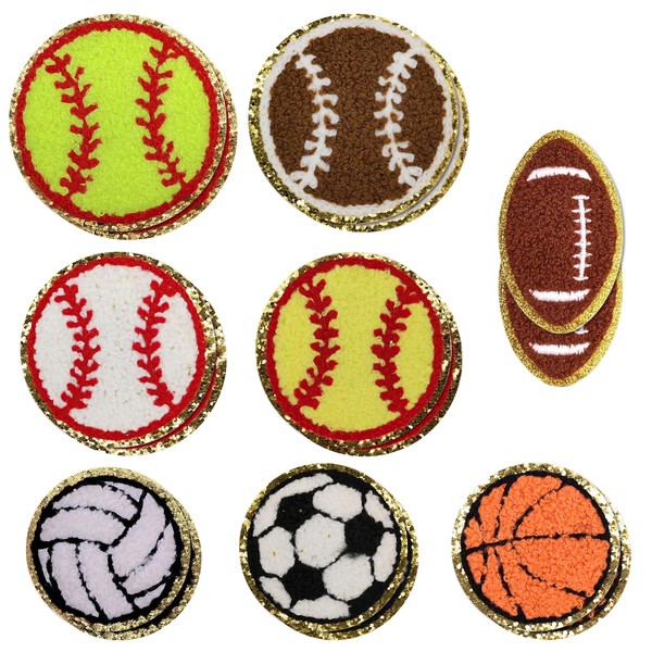 16Pcs Sports Themed Patch, Chenille Patches Gold Edges Basketball Soccer Baseball Football Volleyball Iron On Patch for Bags Hat DIY Clothing Repair