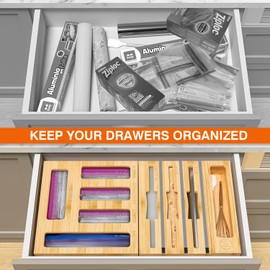 DALSHABET 9 IN1 Bamboo Storage Bag Drawer Organizer with Cutter, Foil and Plastic Wrap Dispenser for Kitchen Storage Compatible with All Brands Gallon, Quart, Sandwich & Snack Size Bags - Beige