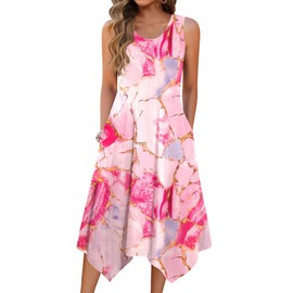 Zeagoo Flowy Dress for Women Petite Summer Dress Tropical Boho Beach Sundress Sleeveless Tshirt Dress Loose Print Tank Midi Dress with Pockets Pink