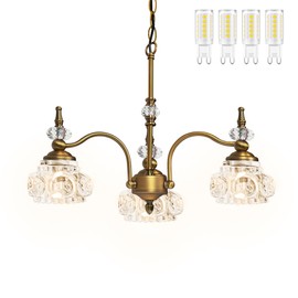 Montex Vintage Pendant Light Fixture 3 Lights Gold Brass Vintage Chandelier Crystal Glass Shade Brass Pendant, 4 Light Bulbs are Included