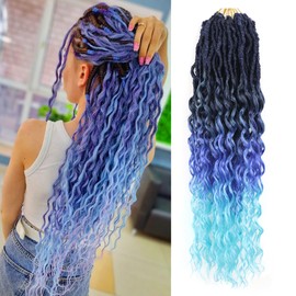Faux Locs Crochet Hair 24 Inches With Curly Ends Goddess Locs Crochet Braids Pre Looped Deep Wave Crochet Hair for Black Women Hair Extensions(24 Inch/Pack of 8, 1B/Dark blue/light blue)