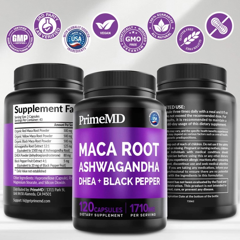 PrimeMD 6-in-1 Organic Maca Root Ashwagandha Capsules 1710mg, DHEA, 120