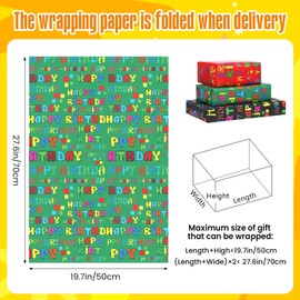 12 Sheets Birthday Wrapping Paper - Colorful Happy Birthday Designs Gift Wrap, Ideal for Kids Party, Baby Shower, Holiday Gifts & Crafts, 19.7"x27.6" (Black, Green, Red)
