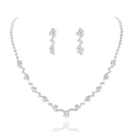 Yean Bride Silver Bridal Necklace Earrings Set Crystal Wedding Jewelry Set Rhinestone Choker Necklace for Women (A-Silver)