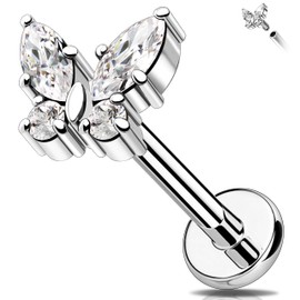 Melighting Titanium Butterfly Helix Earring 16G Cartilage Earring Internally Threaded Clear CZ Helix Stud Titanium G23 Flat Back Earring Labret Jewelry 6mm