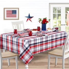 Home Bargains Plus Americana Rectangle Fabric Tablecloth, 60 x 84 Inch, Patriotic Celebration, Red White and Blue Plaid Fabric Table Cover, Buffet Dining