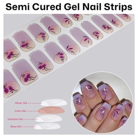 QQPPOLIU Semi Cured Gel Nail Strips Purple French Tip Stickers with Flower Design Requires only 60S UV Curing for Women and Girls Manicure Arts
