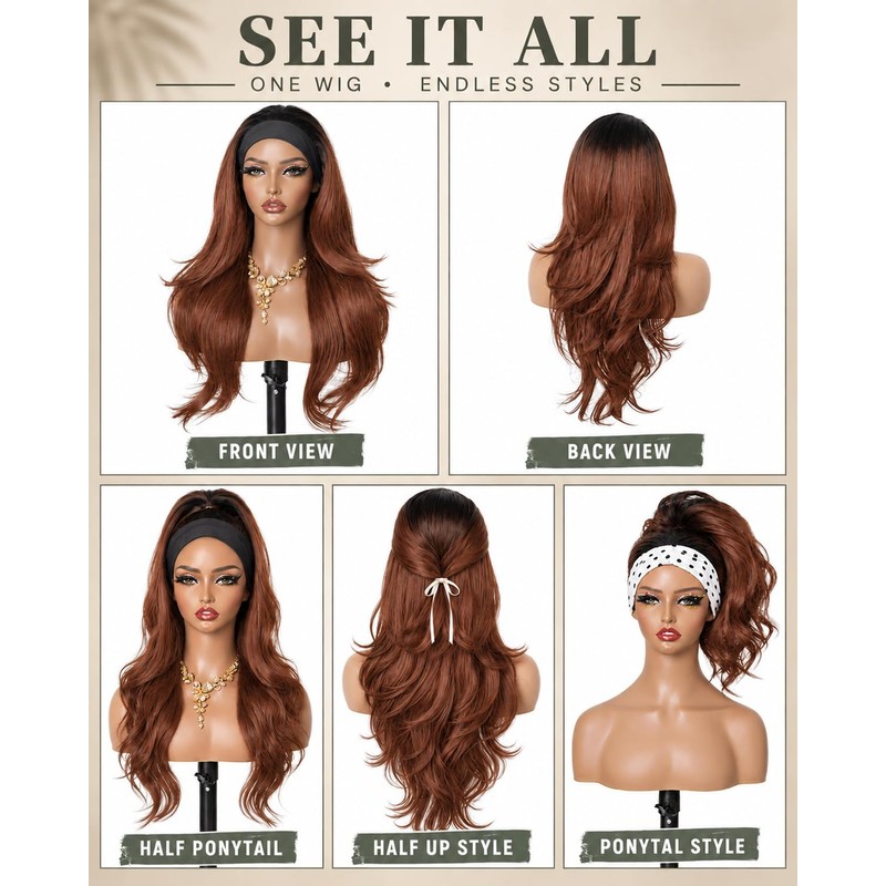 Yaki Wavy Flip Curls Headband Wigs for Black Women Ombre