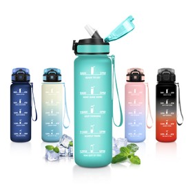 JAPORIA Borraccia Motivazionale 1L, Borraccia con Cannuccia, Antigoccia, a Prova di Perdite, Bottiglia Acqua con Indicatore del Tempo, Borracce Sportiva per Campeggio, Corsa, Scuola, Ufficio