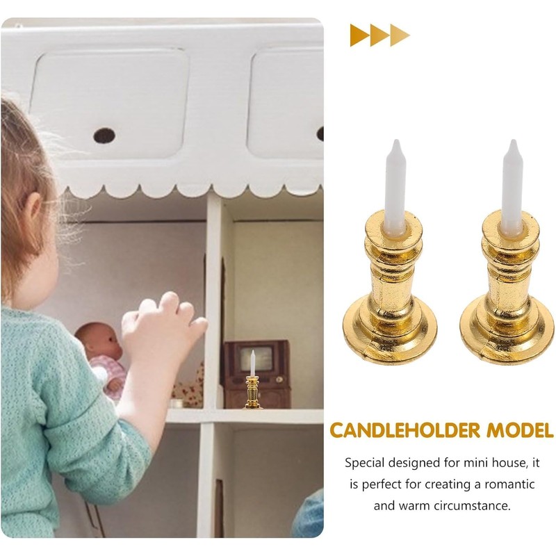 2Pcs Gold Miniature Candle Holders, 1/12 Scale Dollhouse Candlesticks Set