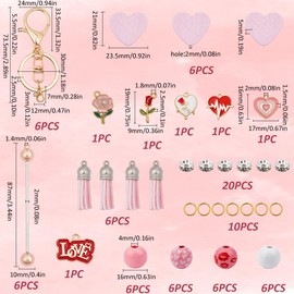 SUNNYCLUE DIY 6 Sets Keychain Making Kit Valentines Day Beadable Keychains Pink Wood Beads Romantic Love Rose Flower Charms Keychain Bar Bulk Keychain Bars for Women Adults Gift Party Favor Supplies