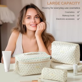TOPALL Makeup Bag,Cosmetic Bag,Floral Cotton Quilted Makeup Bag,Classic Toiletry Bag,Cosmetic Pouch,Makeup Bag for Women Girls,Flower 3PCS(Large+Medium+Pouch)