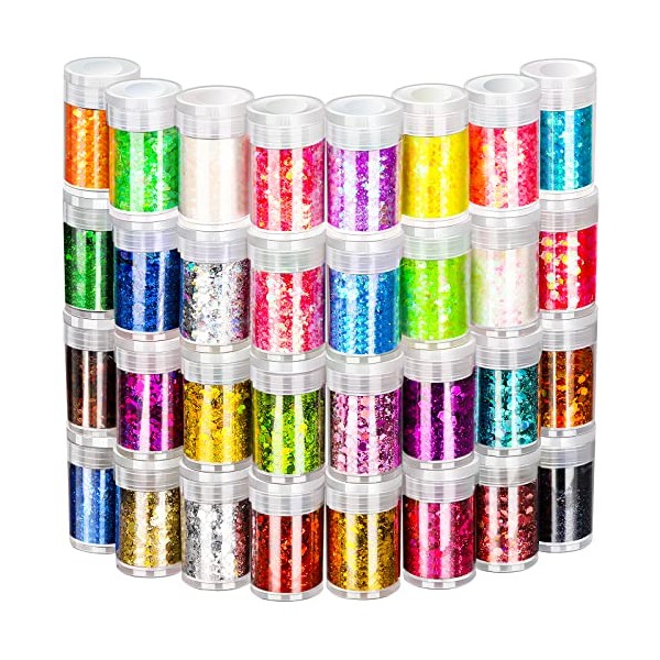 32 Pots Chunky Holographic Glitter, FANDAMEI Reflective Body Glitter for Eyes Face Cheek Hair Nails Lips, Festival Cosmetic Glitter Sparkle for Resin Wax Melts Crafts Decoration in Christmas Party