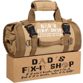 Hillban Roll up Tool Bag and Kraft Paper Box Set for Dad Father's Day Gifts Heavy Duty Portable Tool Bag with Shoulder Strap and 2 Detachable Pockets Survival Kit Mens Gifts for Him(Khaki)