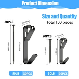 Picture Hangers, 100 Pieces Picture Hanging Kit Including 30lb and 50lb Picture Hanging Hooks, Picture Hooks with Nails for Hanging Pictures, Picture Frames, Clocks on Drywall and Wood Walls (Black)