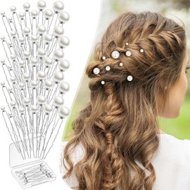 50 Piezas de Horquillas de Perlas,Accesorios para el Cabello de Novia con Perlas,5 Tamaños,Elegantes Accesorios para el Cabello Retro en Forma de U con Caja Blanca de Almacenamiento,Plateado