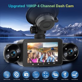 Dash Cam Front and Rear Inside, 4 Channel Dash Cam 3 Inch IPS Screen Front and Rear with G-Sensor, 24 Hours Parking, 8 IR Night Vision Lights, Loop Recording, Reverse Aid + 64GB Card