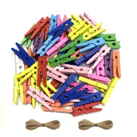 200 Pack Colored Wooden Clothes Pins, 10 Colors Wooden Clothes Pins with 66FT Jute Twine, Rainbow Clips for Photos, Pictures, Clothing Hanging (1.38 in)