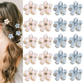 20 PCS Mini Diamond Hair Claw Clips, Crystal Mini Flower Hair Clips Small Rhinestone Hair Barrettes Floral Petal Hairpin, Cute Decorative Accessories for Girls Women (Blue & Beige)
