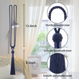 Pretty Jolly Long Tassels Curtain Tiebacks Handmade Braided Rope Knot Draped Tiebacks Elegant Decorative Curtain Holdbacks for Home and Office, Dark Blue, Pack of 2
