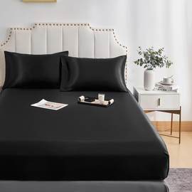 JHCHMX Satin Double Black Fitted Sheet,Deep Pocket Silkly Double Bed Sheet,Soft Satin& Wrinkle Resistant Fitted Bed Sheet Black Double 135x190cm