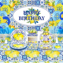 KEFAN Capri Lemon Birthday Party Decorations, Capri Lemon Theme Party Tableware Supplies including Backdrop, Plates, Cups, Napkins, Tablecloth, Balloons for Capri Lemon Birthday Party, Serves 20
