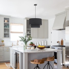 VILUXY Modern Black Chandelier Fabric Pendant Light Fixture Double Drum Shade Hanging Ceiling Chandelier 3 Lights Round Linen for Bedroom Dining Room Living Room Foyer