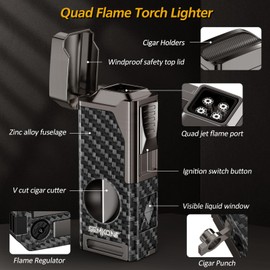 SEMKONT Cigar Lighter,4 Jet Flame Refillable Butane with V Cut Cigar Cutter,Cigar Punch,Cigar Holder and Cigar Draw Enhancer,5 in 1 Multifunctional Windproof Lighter-No Butane(Carbon Fiber)