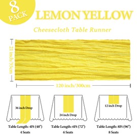 8 Pack Lemon Yellow Cheesecloth Table Runner 10Ft Gauze Cheese Cloth Table Runner 120 Inch Boho Sheer Rustic Fabric for Summer Decor Bridal Baby Shower Wedding Centerpiece Home Table Decoration