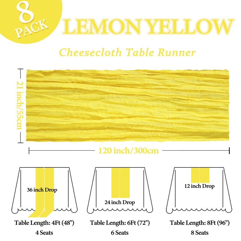 8 Pack Lemon Yellow Cheesecloth Table Runner 10Ft Gauze Cheese