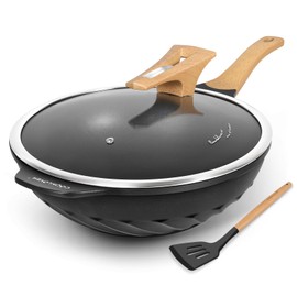 COOKLOVER Nonstick Woks And Stir Fry Pans Die-cast Aluminum Scratch Resistant 100% PFOA Free Induction Wok pan with Lid 12.6 Inch - BK