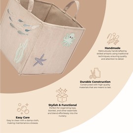 Crane Baby Fabric Nursery Storage Basket, Toy Storage, Sea Life Theme, 14"x14", Toy Basket, Baby Storage Organizer, Toy Organizers and Storage Bins, Baby Organizers and Storage, Toy Bins
