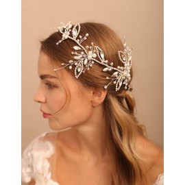 Jumwrit Wedding Headband Handmade Rhinestone Crystal Headband Bridal Pearl Headpiece Bridal Hair Accessories for Wedding Bride and Bridesmaid（Silver）