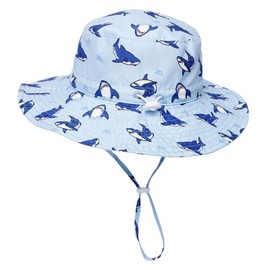 Jupsk Baby Sun Hat Toddler Summer Bucket Hat Wide Brim Beach Cap with Adjustable Chin Strap UPF50 for Kids Child Boys Girls 2-5 Years (Sharks)