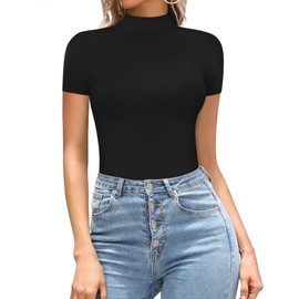 MANGOPOP Women's Mock Turtle Neck Body Suits Short Sleeve Bodysuit Basic T shirts Leotard Clothing